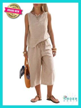 100% Cotton Sleeveless Tank & Capri Wide Leg Pant Set